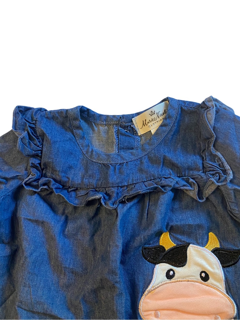 Marie Nicole Denim Girls Ruffle Top with Cow Applique Long Sleeve 12-18 Months - Picture 2 of 10
